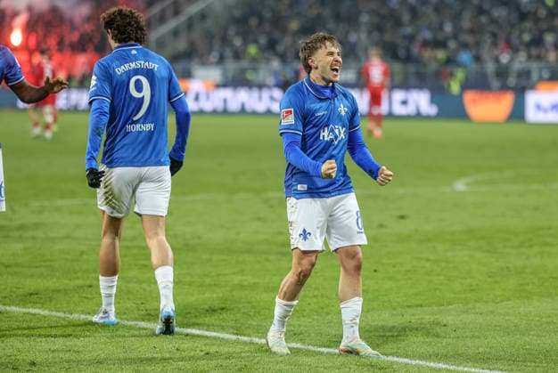 GER, Darmstadt, SV Darmstadt 98 vs 1 FC Nürnberg, 2 Bundesliga, Football, DFB, Season 2025 2026, Merck Stadion am Böllenfalltor, 19 Matchday in picture Luca Marseiler SV Darmstadt 98 8 , Goal and jubilation, joy, emotions, 2 0 DFB DFL REGULATIONS PROHIBIT ANY USE OF PHOTOGRAPHS AS IMAGE SEQUENCES AND OR QUASI VIDEO, 23 01 2026 Copyright: HMBxMedia HendrikxHamelau
