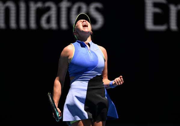 TENNIS AUSTRALIAN OPEN, Amanda Anisimova of the USA celebrates winning the Women™s 3rd round match against compatriot Peyton Stearns on day 7 of the 2026 Australian Open tennis tournament at Melbourne Park in Melbourne, Saturday, January 24, 2026. ( NO ARCHIVING MELBOURNE VICTORIA AUSTRALIA  Copyright: xLUKASxCOCHx 20260124187180735930