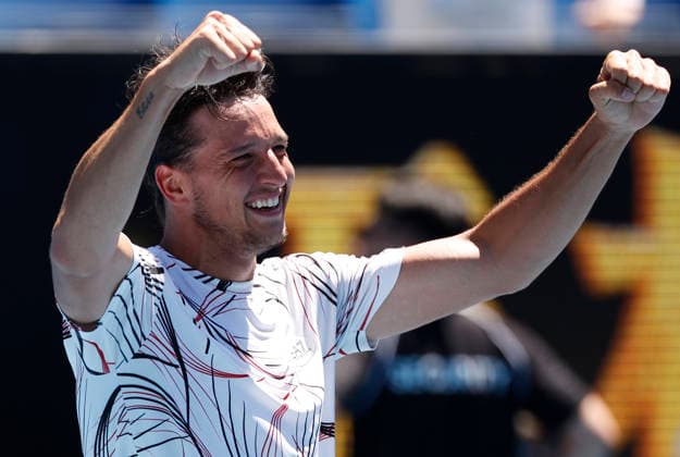 TENNIS AUSTRALIAN OPEN, Luciano Darderi of Italy celebrates winning the Men™s 3rd round match against Karen Khachanov of Russia on day 7 of the 2026 Australian Open tennis tournament at Melbourne Park in Melbourne, Saturday, January 24, 2026. ( NO ARCHIVING MELBOURNE VICTORIA AUSTRALIA  Copyright: xROBxPREZIOSOx 20260124141769535652