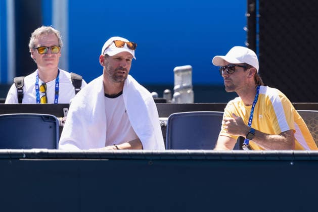 Jamie Mackenzie Team, L R Philipp Petzschner, DTB Junior National Coach and Coach Gero Kretschmer, Boys Singles, Boys Singles Australian Open 2026, Melbourne Park, Melbourne, Victoria, Australia Copyright: xJuergenxHasenkopfx