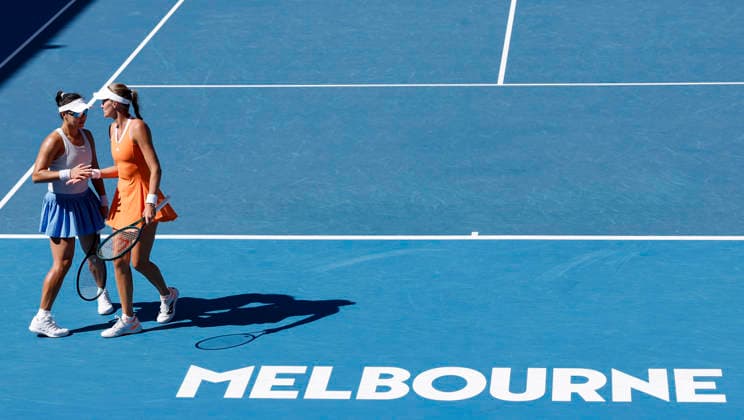 (260124) -- MELBOURNE, Jan. 24, 2026 -- Guo Hanyu (L) Kristina Mladenovic react during the women s doubles 2nd round match between Guo Hanyu (China) Kristina Mladenovic (France) and Clara Tauson (Denmark) Anastasia Pavlyuchenkova (Russia) at the Australian Open tennis tournament in Melbourne, Australia, Jan. 24, 2026. ) (SP) AUSTRALIA-MELBOURNE-TENNIS-AUSTRALIAN OPEN-WOMEN S DOUBLES MaxPing 