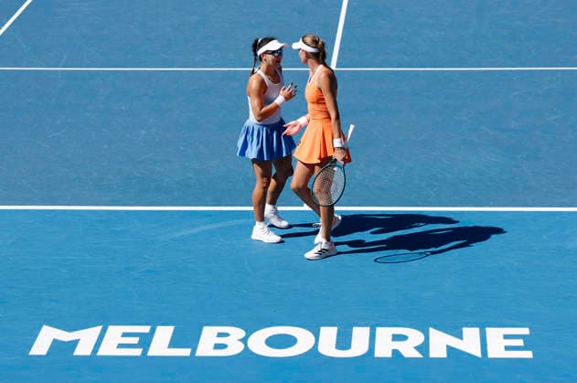 (260124) -- MELBOURNE, Jan. 24, 2026 -- Guo Hanyu (L) Kristina Mladenovic react during the women s doubles 2nd round match between Guo Hanyu (China) Kristina Mladenovic (France) and Clara Tauson (Denmark) Anastasia Pavlyuchenkova (Russia) at the Australian Open tennis tournament in Melbourne, Australia, Jan. 24, 2026. ) (SP) AUSTRALIA-MELBOURNE-TENNIS-AUSTRALIAN OPEN-WOMEN S DOUBLES MaxPing 