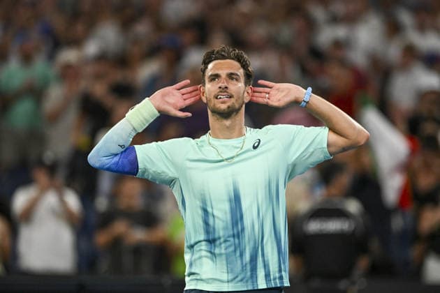 AUSTRALIAN OPEN 2026 MELBOURNE, AUSTRALIA - JANUARY 24: Lorenzo Musetti (ITA) reaction after winning the match against Tomas Machac (CZE) (not seen) during round 3 at the Australian Open grand slam tennis tournament at Melbourne Park in Melbourne, Australia on January 24, 2026 Mark Avellino Anadolu Melbourne Australia. Editorial use only. Please get in touch for any other usage.  Copyright: x2026xAnadoluxMarkxAvellinox