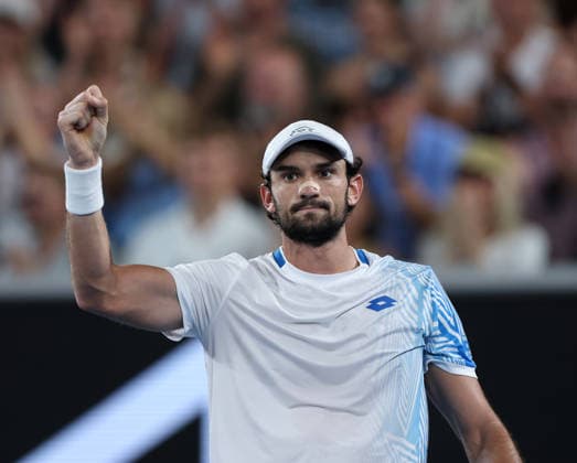 (260124) -- MELBOURNE, Jan. 24, 2026 -- Valentin Vacherot of Monaco celebrates after scoring during the men s singles 3rd round match against Ben Shelton of the United States at the Australian Open 2026 tennis tournament in Melbourne, Australia, Jan. 24, 2026. ) (SP)AUSTRALIA-MELBOURNE-TENNIS-AUSTRALIAN OPEN-MEN S SINGLES MaxPing 