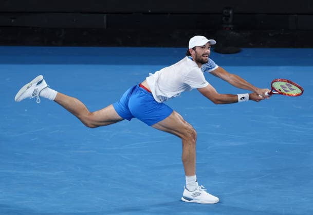 (260124) -- MELBOURNE, Jan. 24, 2026 -- Valentin Vacherot of Monaco hits a return during the men s singles 3rd round match against Ben Shelton of the United States at the Australian Open 2026 tennis tournament in Melbourne, Australia, Jan. 24, 2026. ) (SP)AUSTRALIA-MELBOURNE-TENNIS-AUSTRALIAN OPEN-MEN S SINGLES MaxPing 