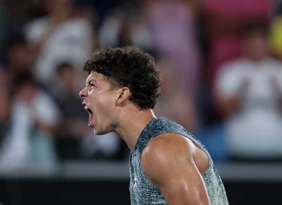 (260124) -- MELBOURNE, Jan. 24, 2026 -- Ben Shelton of the United States celebrates after winning the men s singles 3rd round match against Valentin Vacherot of Monaco at the Australian Open 2026 tennis tournament in Melbourne, Australia, Jan. 24, 2026. ) (SP)AUSTRALIA-MELBOURNE-TENNIS-AUSTRALIAN OPEN-MEN S SINGLES MaxPing 