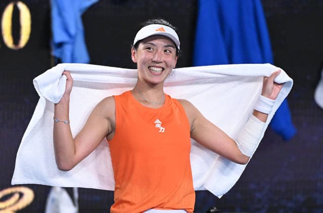 TENNIS AUSTRALIAN OPEN, Xinyu Wang of China smiles after winning the Women™s 3rd round match against Linda Noskova of Czech Republic on day 7 of the 2026 Australian Open tennis tournament at Melbourne Park in Melbourne, Saturday, January 24, 2026. ( NO ARCHIVING MELBOURNE VICTORIA AUSTRALIA  Copyright: xJAMESxROSSx 20260124195606634935