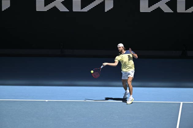 Australian Open 2026 MELBOURNE, AUSTRALIA - JANUARY 24: Lorenzo Musetti (ITA) in action against Tomas Machac (CZE) (not seen) during round 3 at the Australian Open grand slam tennis tournament at Melbourne Park in Melbourne, Australia on January 24, 2026. Mark Avellino Anadolu Melbourne Australia. Editorial use only. Please get in touch for any other usage.  Copyright: x2026xAnadoluxMarkxAvellinox