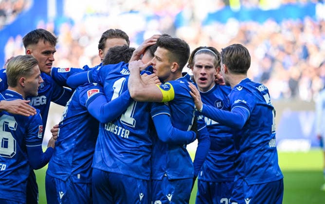 Goal celebration of Karlsruher SC after scoring the first goal by Fabian Schleusener Karlsruher SC during the 2 Bundesliga match between Karlsruher SC and Hertha BSC at BBBank Wildpark on January 24, 2026 in Karlsruhe, Germany Germany Photo by Silas Schüller DeFodi Images goal celebration of Karlsruher SC after scoring the first goal during the 2 Bundesliga match between Karlsruher SC and Hertha BSC at BBBank Wildpark on January 24, 2026 in Karlsruhe, Germany Photo by Silas Schüller DeFodi Images DFB DFL REGULATIONS PROHIBIT ANY USE OF PHOTOGRAPHS AS IMAGE SEQUENCES AND OR QUASI VIDEO Photo by Silas Schueller DeFodi Images