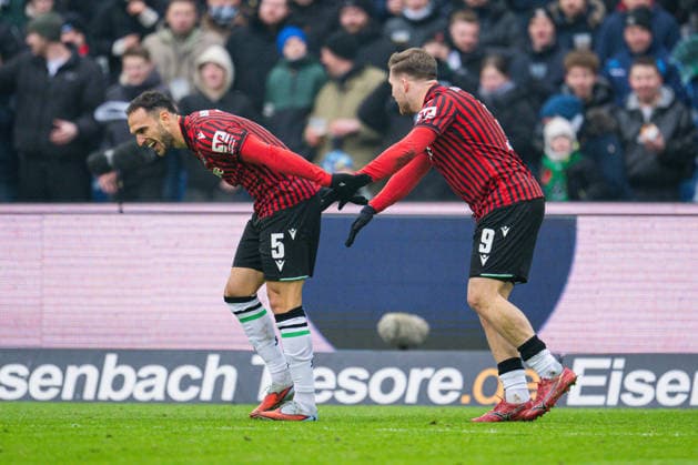 24 01 2026 Soccer, 2025 2026, 2 Bundesliga, Matchday 19, Hannover 96 Fortuna Düsseldorf R Benjamin Källman Hannover celebrates after his goal to 2 0 with L Virgil GhiÈa Hannover DFL REGULATIONS PROHIBIT ANY USE OF PHOTOGRAPHS AS IMAGE SEQUENCES AND OR QUASI VIDEO