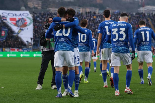 Como, Italy, 24th January 2026. Martin Baturina of Como 1907 celebrates with team mate Maximo Perrone after scoring to give the hosts a 2-0 lead during the Como 1907 vs Torino Serie A match at Stadio Giuseppe Sinigaglia, Como. Picture credit should read: Jonathan Moscrop Sportimage EDITORIAL USE ONLY. No use with unauthorised audio, video, data, fixture lists, club league logos or live services. Online in-match use limited to 120 images, no video emulation. No use in betting, games or single club league player publications. SPI_034_JM_COMO_TORO_ SPI-4418-0034