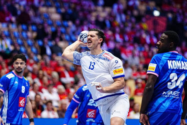 Throw Goal Salvador Salvador Portugal, 13 DEN, France vs Portugal, Handball, EHF European Championship 2026, Main Round, Matchday 2, 24 01 2026 DEN, France vs Portugal, Handball, EHF European Championship 2026, Main Round, Matchday 2, 24 01 2026 Herning Copyright: xEibner-Pressefoto MarcelxvonxFehrnx EP_MFN
