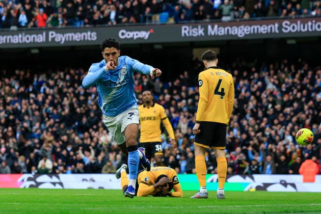 Manchester City v Wolverhampton Wanderers, Premier League Omar Marmoush (7) of Manchester City celebrates scoring to make it 1-0 during the Premier League match between Manchester City and Wolverhampton Wanderers at the Etihad Stadium, Manchester, UK on 24 January 2026. Manchester Etihad Stadium Manchester UK Editorial use only DataCo restrictions apply See www.football-dataco.com , Copyright: xConorxMolloyx PSI-23610-0021