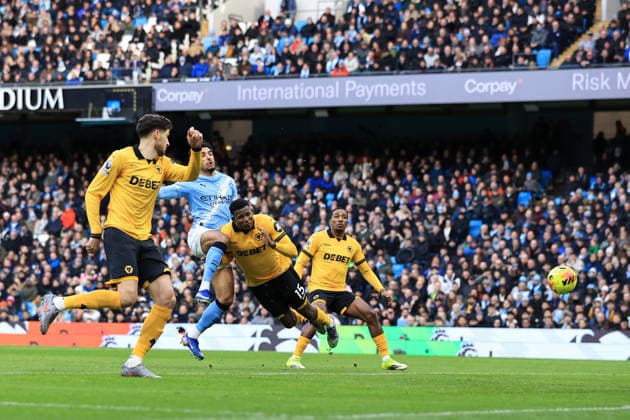 24th January 2026; Etihad Stadium, Manchester, Lancashire, England; Premier League Football, Manchester City versus Wolverhampton Wanderers; Omar Marmoush of Manchester City scores for 1-0 after 6 minutes  DavidxBlunsden Content restricted for UK based newspaper