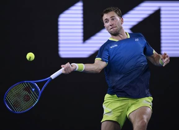 (260124) -- MELBOURNE, Jan. 24, 2026 -- Casper Ruud hits a return during the men s singles 3rd round match between Marin Cilic of Croatia and Casper Ruud of Norway at the Australian Open tennis tournament in Melbourne, Australia, Jan. 24, 2026. (Photo by Xinhua) (SP)AUSTRALIA-MELBOURNE-TENNIS-AUSTRALIAN OPEN-MEN S SINGLES WangxShen 