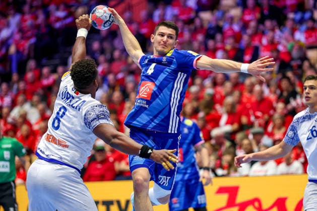 24 01 2026, Handball, Men s EHF EURO 2026, France Portugal, Jyske Bank Boxing in Herning, Denmark, Main Round Aymeric Minne France 04 in a duel against Victor Manuel Iturriza Alvarez Portugal 08 Denmark