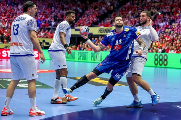 24 01 2026, Handball, Men s EHF EURO 2026, France Portugal, Jyske Bank Boxing in Herning, Denmark, Main Round Nicolas Tournat France 11 in duel against Rocha Nogueira Portugal 13 Victor Manuel Iturriza Alvarez Portugal 08 Luis Diogo Sousa Frade Portugal 82 Denmark