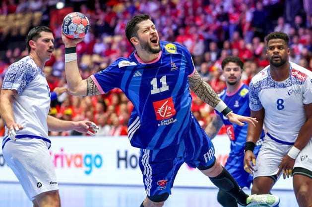 24 01 2026, Handball, Men s EHF EURO 2026, France Portugal, Jyske Bank Boxing in Herning, Denmark, Main Round Nicolas Tournat France 11 throws on goal Denmark
