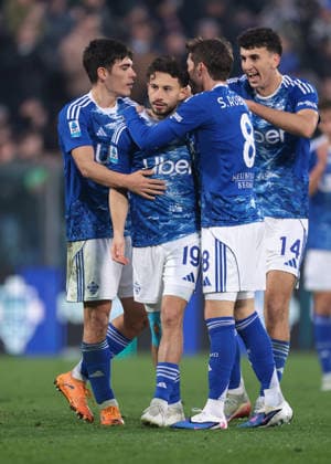 Como, Italy, 24th January 2026. Nicolas Kuhn of Como 1907 celebrates with team mates after scoring to give the hosts a 5-0 lead during the Como 1907 vs Torino Serie A match at Stadio Giuseppe Sinigaglia, Como. Picture credit should read: Jonathan Moscrop Sportimage EDITORIAL USE ONLY. No use with unauthorised audio, video, data, fixture lists, club league logos or live services. Online in-match use limited to 120 images, no video emulation. No use in betting, games or single club league player publications. SPI_058_JM_COMO_TORO_ SPI-4418-0058