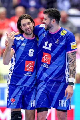 24 01 2026, Handball, Men s EHF EURO 2026, France Portugal, Jyske Bank Boxing in Herning, Denmark, Main Round Final celebration after the French win against Portugal Julien Bos France 06 next to Nicolas Tournat France 11 Denmark