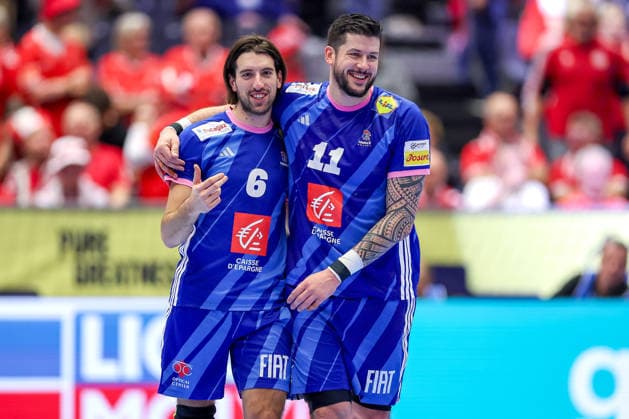 24 01 2026, Handball, Men s EHF EURO 2026, France Portugal, Jyske Bank Boxing in Herning, Denmark, Main Round Final celebration after the French win against Portugal Julien Bos France 06 next to Nicolas Tournat France 11 Denmark
