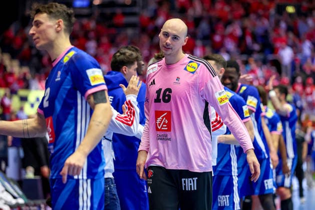 24 01 2026, Handball, Men s EHF EURO 2026, France Portugal, Jyske Bank Boxing in Herning, Denmark, Main Round Final celebration after the French win against Portugal Charles Bolzinger France 16 Denmark