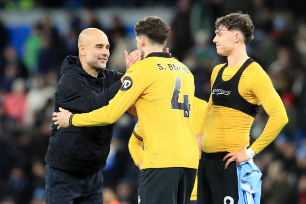 24th January 2026; Etihad Stadium, Manchester, Lancashire, England; Premier League Football, Manchester City versus Wolverhampton Wanderers; Manchester City manager Pep Guardiola speaks with Santiago Bueno of Wolverhampton Wanderers at full time  DavidxBlunsden Content restricted for UK based newspaper