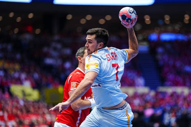 Throw Goal Jan Gurri Spain, 07 DEN, Spain vs Denmark, Handball, EHF European Championship 2026, Main Round, Matchday 2, 24 01 2026 DEN, Spain vs Denmark, Handball, EHF European Championship 2026, Main Round, Matchday 2, 24 01 2026 Herning Copyright: xEibner-Pressefoto MarcelxvonxFehrnx EP_MFN