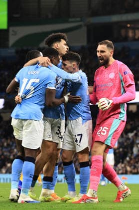 24th January 2026; Etihad Stadium, Manchester, Lancashire, England; Premier League Football, Manchester City versus Wolverhampton Wanderers; Gianluigi Donnarumma of Manchester City react after team mates Marc Guehi and Nico O& x2019;Reilly of Manchester City block shots on goal  DavidxBlunsden Content restricted for UK based newspaper