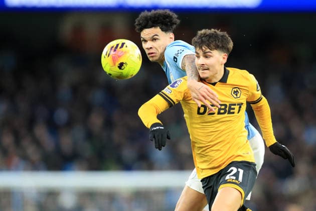 24th January 2026; Etihad Stadium, Manchester, Lancashire, England; Premier League Football, Manchester City versus Wolverhampton Wanderers; Nico O& x2019;Reilly of Manchester City and Rodrigo Gomes of Wolverhampton Wanderers compete for the ball  DavidxBlunsden Content restricted for UK based newspaper