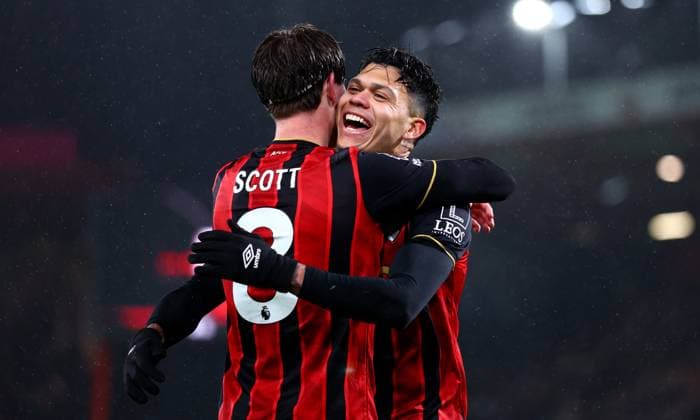Evanilson of AFC Bournemouth celebrates scoring a goal after making the score 1-0. AFC Bournemouth v Liverpool, Premier League, Football, Vitality Stadium, Bournemouth, UK - 24 Jan 2026Bournemouth Vitality Stadium United Kingdom EDITORIAL USE ONLY No use with unauthorised audio, video, data, fixture lists, club league logos or live services. Online in-match use limited to 120 images, no video emulation. No use in betting, games or single club league player publications.  Copyright: xJamesxMarsh Shutterstockx 16426007au