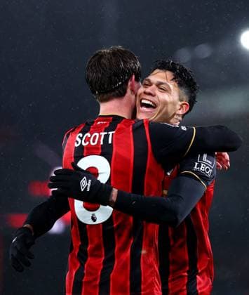 Evanilson of AFC Bournemouth celebrates scoring a goal after making the score 1-0. AFC Bournemouth v Liverpool, Premier League, Football, Vitality Stadium, Bournemouth, UK - 24 Jan 2026Bournemouth Vitality Stadium United Kingdom EDITORIAL USE ONLY No use with unauthorised audio, video, data, fixture lists, club league logos or live services. Online in-match use limited to 120 images, no video emulation. No use in betting, games or single club league player publications.  Copyright: xJamesxMarsh Shutterstockx 16426007aw