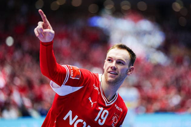 Goal celebration Mathias Gidsel Denmark, 19 DEN, Spain vs Denmark, Handball, EHF European Championship 2026, Main Round, Matchday 2, 24 01 2026 DEN, Spain vs Denmark, Handball, EHF European Championship 2026, Main Round, Matchday 2, 24 01 2026 Herning Copyright: xEibner-Pressefoto MarcelxvonxFehrnx EP_MFN