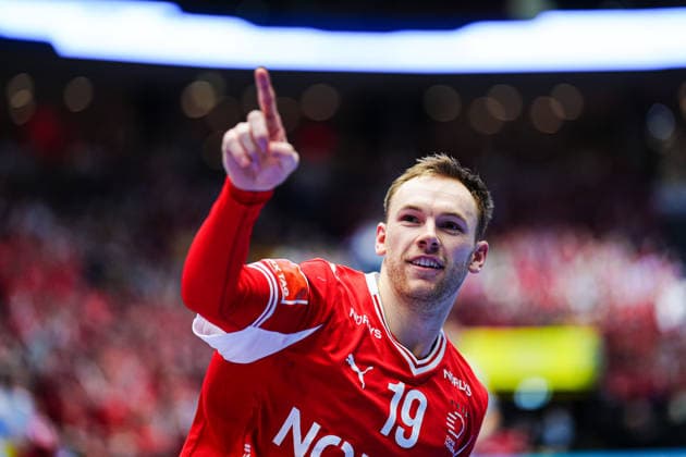 Goal celebration Mathias Gidsel Denmark, 19 DEN, Spain vs Denmark, Handball, EHF European Championship 2026, Main Round, Matchday 2, 24 01 2026 DEN, Spain vs Denmark, Handball, EHF European Championship 2026, Main Round, Matchday 2, 24 01 2026 Herning Copyright: xEibner-Pressefoto MarcelxvonxFehrnx EP_MFN