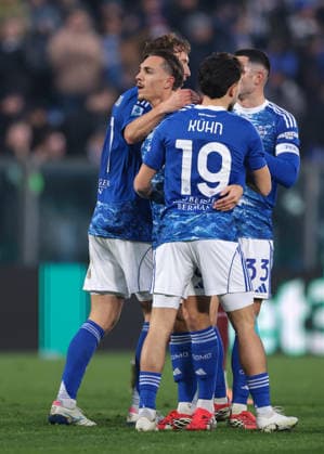 Como, Italy, 24th January 2026. Maxence Caqueret of Como 1907 celebrates with team mates after scoring to give the hosts a 6-0 lead during the Como 1907 vs Torino Serie A match at Stadio Giuseppe Sinigaglia, Como. Picture credit should read: Jonathan Moscrop Sportimage EDITORIAL USE ONLY. No use with unauthorised audio, video, data, fixture lists, club league logos or live services. Online in-match use limited to 120 images, no video emulation. No use in betting, games or single club league player publications. SPI_078_JM_COMO_TORO_ SPI-4418-0078