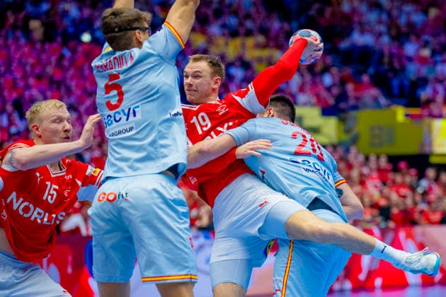 Handball European Championship 2026 Spain Denmark Herning, Denmark 20260124 Denmark s Magnus Saugstrup and Mathias Gidsel during the European Championship handball match between Spain and Denmark at the Boxen arena in Herning Photo Stian Lysberg Solum NTB Herning Denmark EDITORIAL USE ONLY RESTRICTED USE FOR BETTING COMPANIES  Copyright: xStianxLysbergxSolumx xNTBx