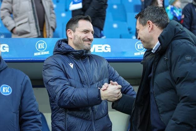 Cordial hello between Mario Eggimann Karlsruher SC, Managing Director Sport and Benjamin Weber Hertha BSC, Sports Director , Karlsruher SC vs Hertha BSC, 2 Bundesliga, 19 Matchday, 2025 2026, 24 01 2026, DFL REGULATIONS PROHIBIT ANY USE OF PHOTOGRAPHS AS IMAGE SEQUENCES AND OR QUASI VIDEO, Karlsruher SC vs Hertha BSC, 2 Bundesliga, 19 Matchday, 2025 2026, 24 01 2026 Karlsruhe Copyright: xEibner-Pressefoto JanxPrihodax EP_JPA