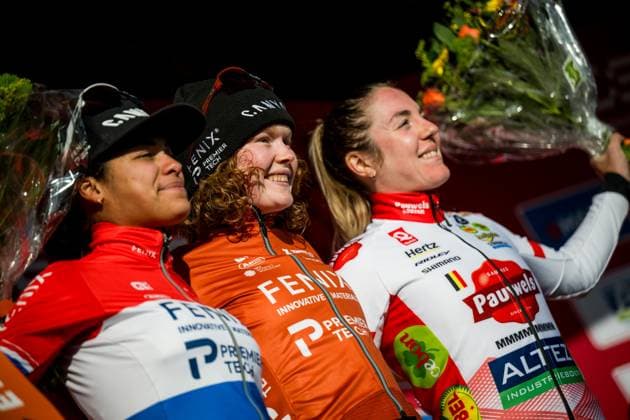 Dutch Ceylin Del Carmen Alvarado, Dutch Puck Pieterse and French Amandine Fouquenet pictured on the podium after the women s elite race at the World Cup cyclocross cycling event in Maasmechelen, Belgium, stage 11 (out of 12) of the UCI World Cup cyclocross competition, Saturday 24 January 2026. JASPERxJACOBS  x158331241x