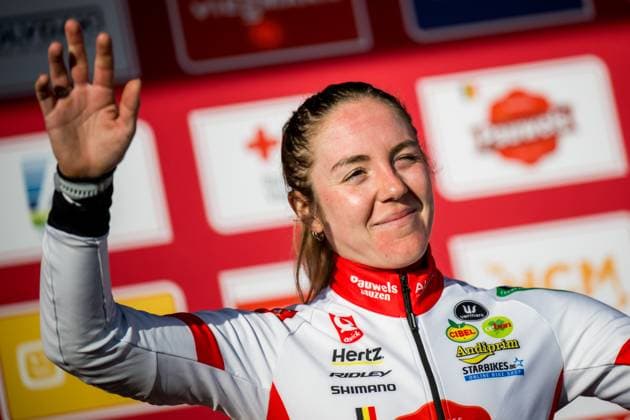 French Amandine Fouquenet pictured on the podium after the women s elite race at the World Cup cyclocross cycling event in Maasmechelen, Belgium, stage 11 (out of 12) of the UCI World Cup cyclocross competition, Saturday 24 January 2026. JASPERxJACOBS  x158331753x