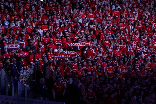 FANS DENMARK in action Match between SPAIN VS DENMARK valid for Men s EHF EURO 2026 at Jyske Bank Boxen in Herning on 24 January 2026. Herning Jyske Bank Boxen Herning Denmark Copyright: xIMAGOx xPRIMExSPORTSxIMAGESx xANGELOxMOREIRAx