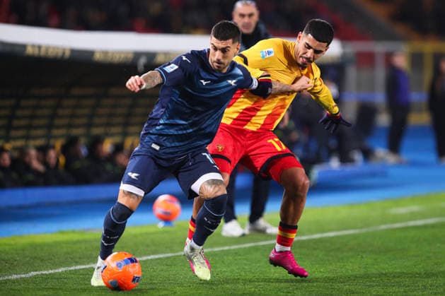 Mattia Zaccagni SS Lazio and Danilo Veiga of US Lecce compete for the ball during the serie A match between US Lecce and SS Lazio at Ettore Giardiniero - Via del Mare stadium in Lecce (Italy), January 24, 2026. massimilianoxcarnabuci