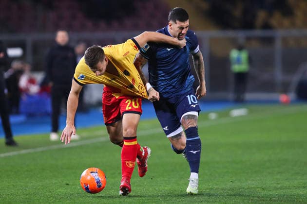Ylber Ramadani of US Lecce and Mattia Zaccagni SS Lazio compete for the ball during the serie A match between US Lecce and SS Lazio at Ettore Giardiniero - Via del Mare stadium in Lecce (Italy), January 24, 2026. massimilianoxcarnabuci
