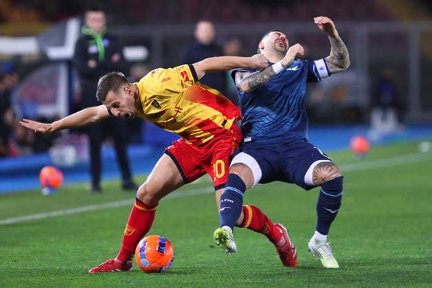 Ylber Ramadani of US Lecce and Mattia Zaccagni SS Lazio compete for the ball during the serie A match between US Lecce and SS Lazio at Ettore Giardiniero - Via del Mare stadium in Lecce (Italy), January 24, 2026. massimilianoxcarnabuci