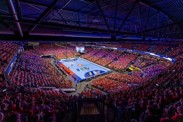 24 01 2026, Handball, Men s EHF EURO 2026, Denmark Spain, Jyske Bank Boxen in Herning, Denmark, Main Round overview photo overview spectators visitors pitch full handball fans spectator number location, venue interior view interior overview photo sports venue Denmark