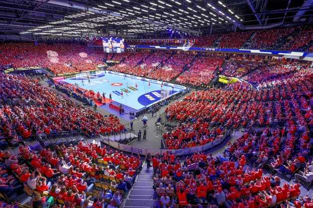 24 01 2026, Handball, Men s EHF EURO 2026, Denmark Spain, Jyske Bank Boxen in Herning, Denmark, Main Round overview photo overview spectators visitors pitch full handball fans spectator number location, venue interior view interior overview photo sports venue Denmark