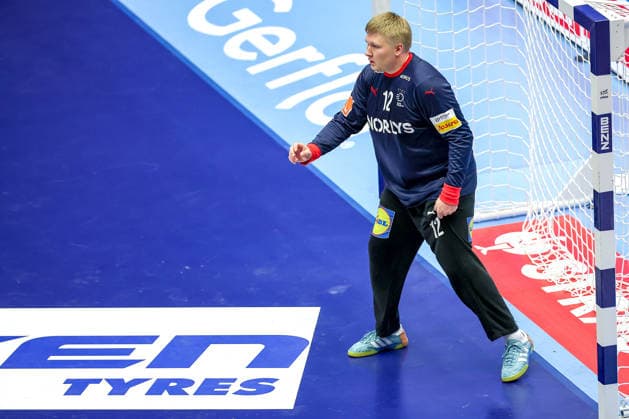 24 01 2026, Handball, Men s EHF EURO 2026, Denmark Spain, Jyske Bank Boxen in Herning, Denmark, Main Round Emil Nielsen Denmark 12 Denmark