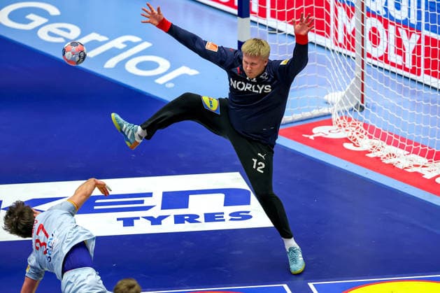 24 01 2026, Handball, Men s EHF EURO 2026, Denmark Spain, Jyske Bank Boxen in Herning, Denmark, Main Round Emil Nielsen Denmark 12 defends the goal against Victor Romero Holguin Espania 37 Denmark