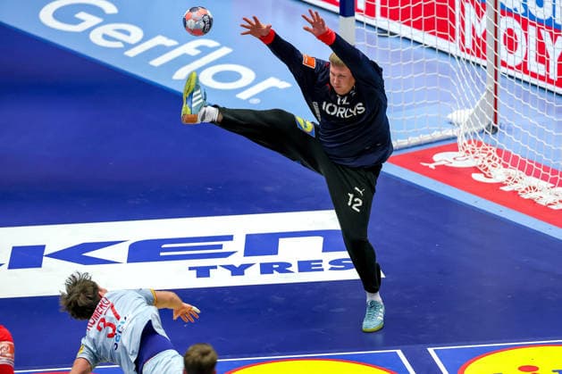 24 01 2026, Handball, Men s EHF EURO 2026, Denmark Spain, Jyske Bank Boxen in Herning, Denmark, Main Round Emil Nielsen Denmark 12 defends the goal against Victor Romero Holguin Espania 37 Denmark