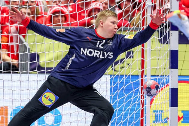 24 01 2026, Handball, Men s EHF EURO 2026, Denmark Spain, Jyske Bank Boxen in Herning, Denmark, Main Round Emil Nielsen Denmark 12 in action Denmark
