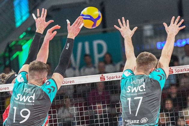Volleyball, at the net in duel, duel, tackle, dynamic, action, action, symbol photo, symbol, icon, feature, detail, characteristic, 24 01 2026, Düren Germany , Volleyball, 1 Bundesliga Men, SWD Powervolleys Düren Warnemünde xmhx